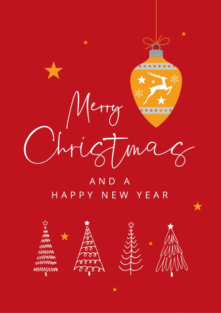 Red Holiday Card with white Christmas trees and yellow ornament