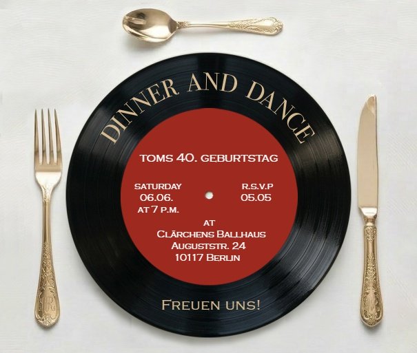 Online Einladung mit Schallplatte als Teller mit Gabler, Messer und Löffel.