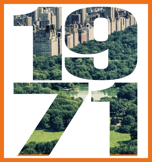 Einladungskarte mit ausgeschnittener 1971 für ein eigenes Foto Orange.
