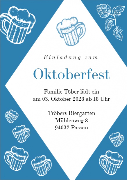 Oktoberfest Einladungskarte mit Diamanten Textfeld in Blau Weiß.
