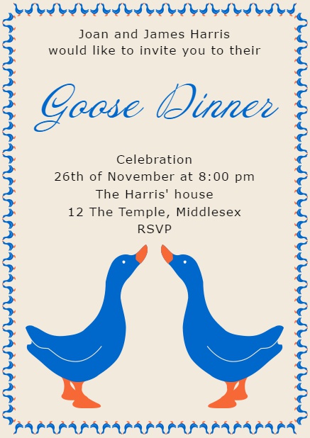 Online Invitation card to a Goose Dinner with 2 blue geese