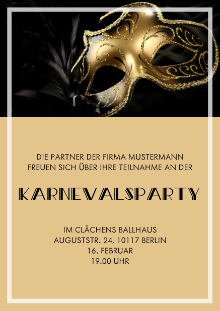Online Faschingseinladungskarte mit goldener Maske und transparentem Rahmen. Schwarz.