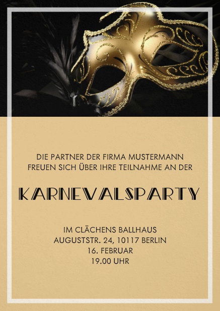Faschingseinladungskarte mit goldener Maske und transparentem Rahmen. Schwarz.