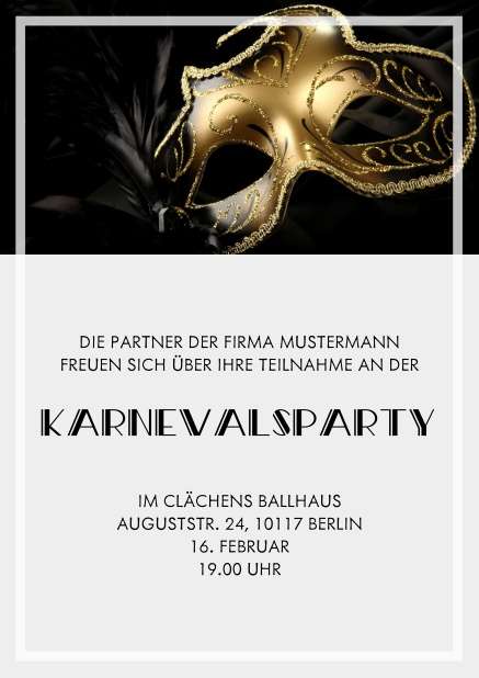Online Faschingseinladungskarte mit goldener Maske und transparentem Rahmen. Grau.