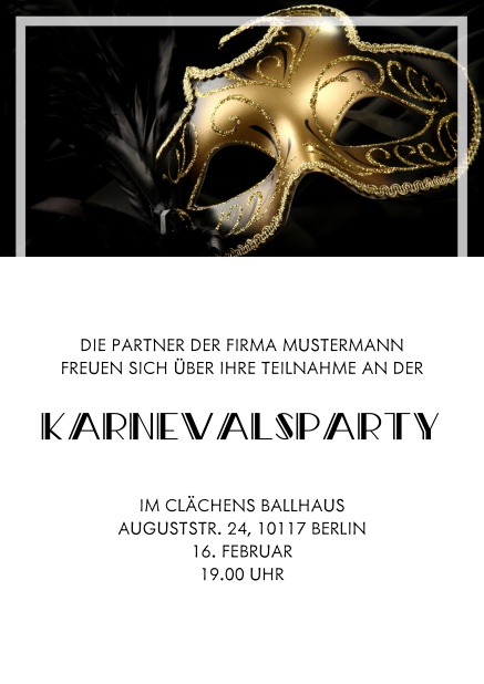 Online Faschingseinladungskarte mit goldener Maske und transparentem Rahmen. Weiss.
