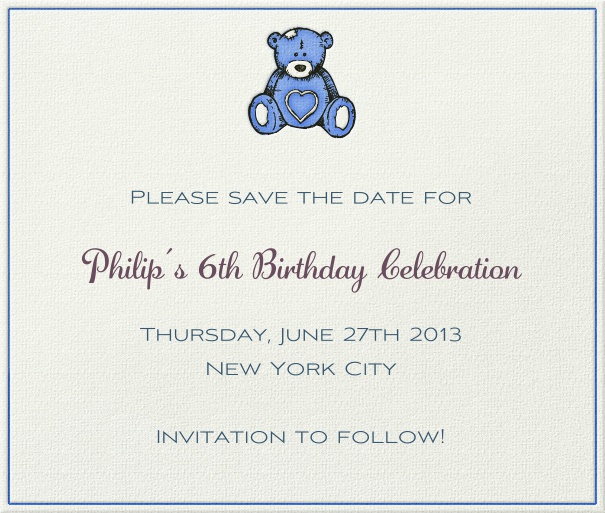 White Kids' Birthday Party Save the Date Card with Blue Teddy Bear.