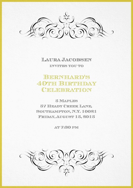 Online invitation with ornament on top and bottom for 40th birthday.
