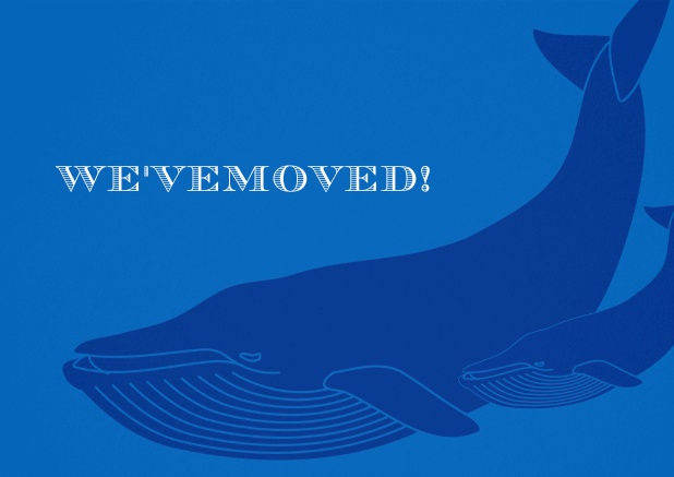 Moving announcement card with whale family in the blue ocean.