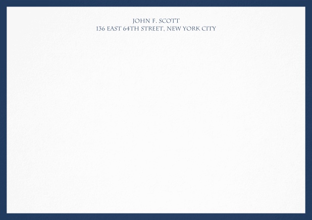 White correspondence card with blue frame and text. Navy.
