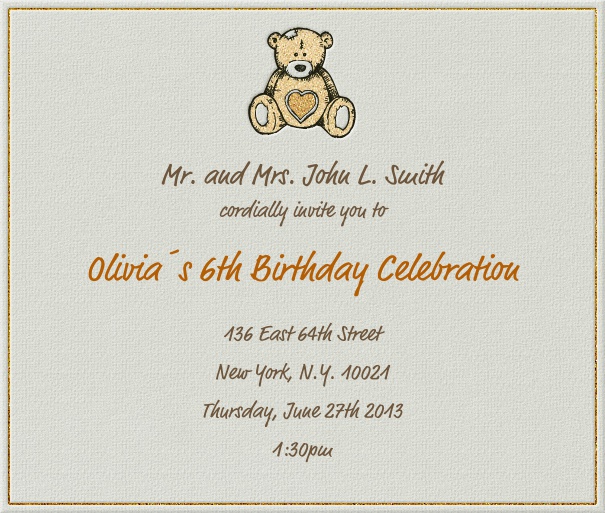 Square Tan Kids' Birthday Party Invitation Template with teddy bear.