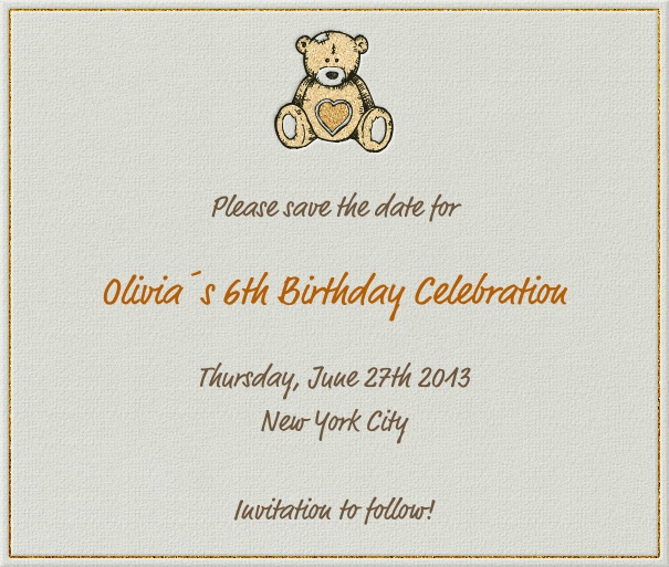 Beige Kids' Birthday Party Save the Date Card with Teddy Bear motif.