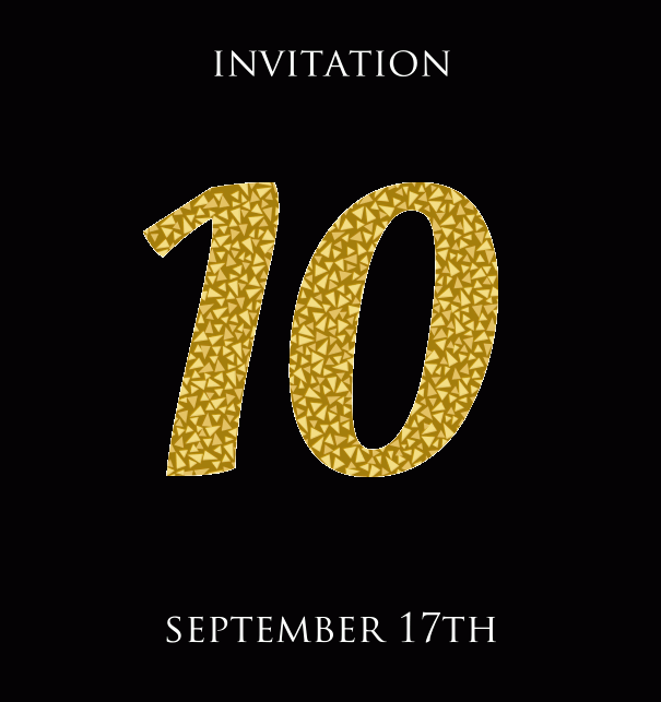 10th Anniversary online invitation card with animated number 10 in Italic letters and golden mosaic stones Black.