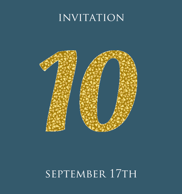 10th Anniversary online invitation card with animated number 10 in Italic letters and golden mosaic stones Blue.