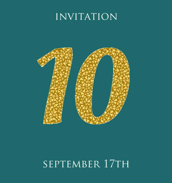 10th Anniversary online invitation card with animated number 10 in Italic letters and golden mosaic stones Green.