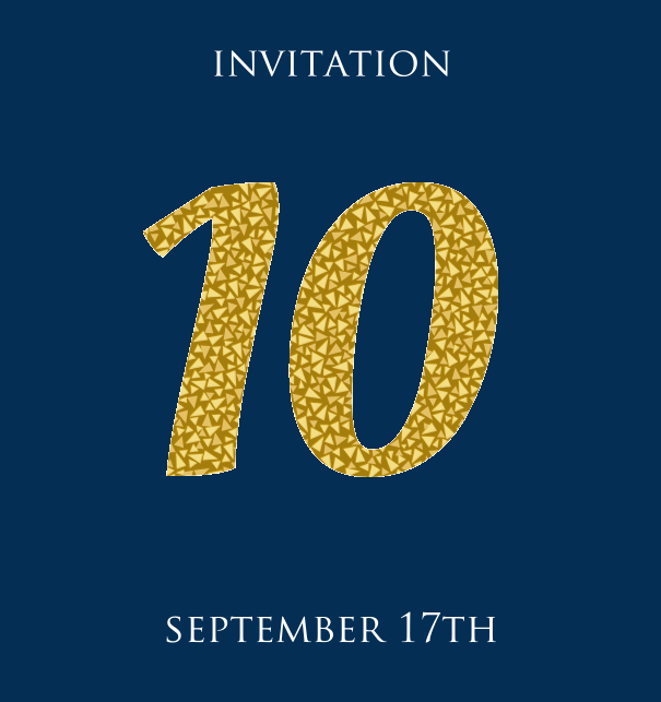 10th Anniversary online invitation card with animated number 10 in Italic letters and golden mosaic stones Navy.