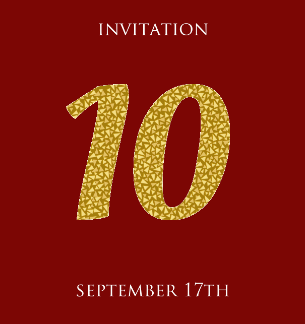 10th Anniversary online invitation card with animated number 10 in Italic letters and golden mosaic stones Red.