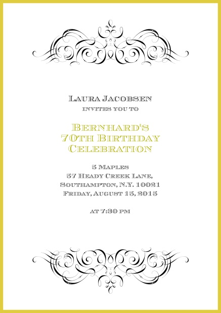 Online invitation with ornament on top and bottom for 70th birthday.