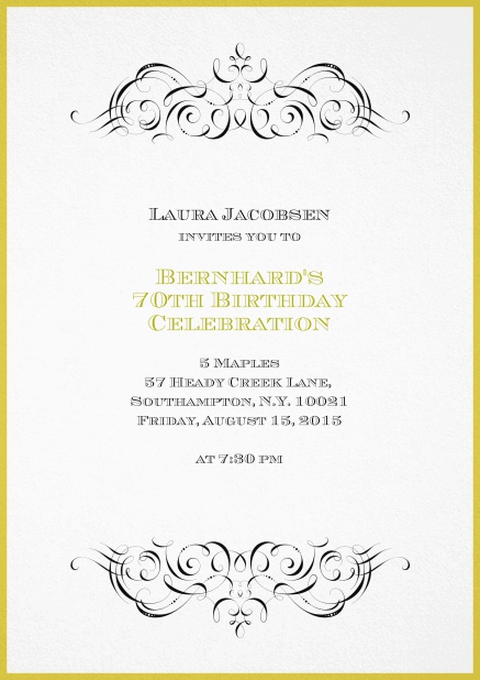 Invitation with ornament on top and bottom for 70th birthday.