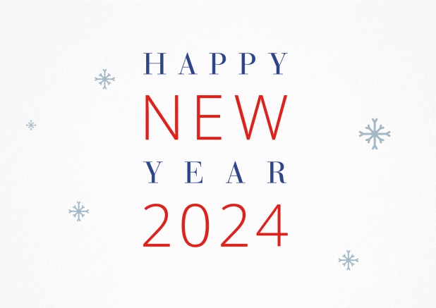 Happy New Year 2024 card with blue snow flakes