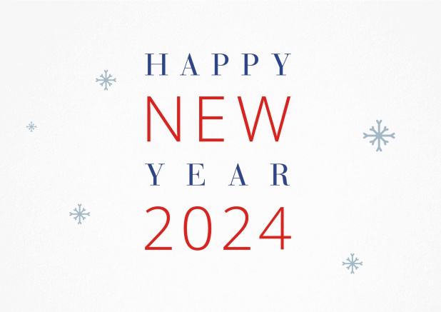 HNY Red, Whte and Blue - New Year´s Greetings Happy New Year 2024 card with blue snow flakes