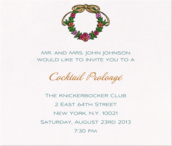 Seasonal Classic Party Invitation with wreath made of flowers.