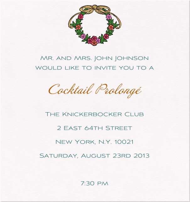 Seasonal Classic Party Invitation with wreath made of flowers.