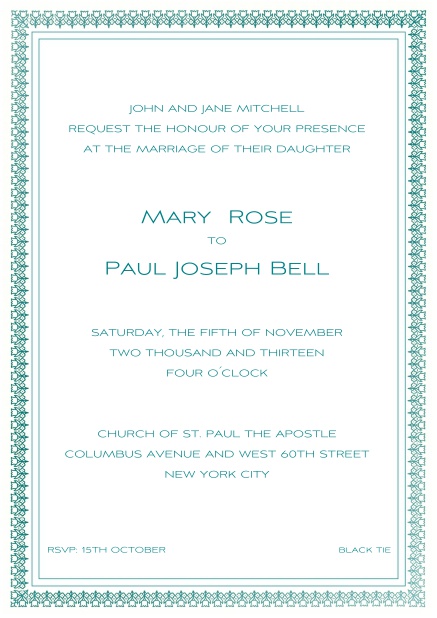 Klassische Einladungskarte mit blauem Rahmen für Online Hochzeitseinladungen.