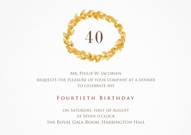 Invitation with golden wreath on top for 40th birthday.