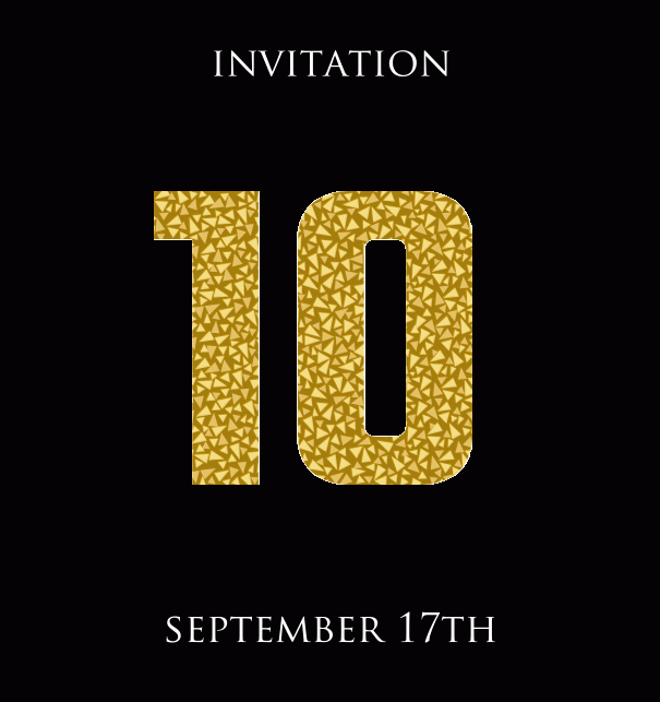 10th Anniversary online invitation card with animated number 10 in golden mosaic stones Black.