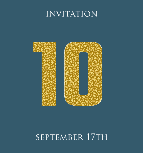 10th Anniversary online invitation card with animated number 10 in golden mosaic stones Blue.