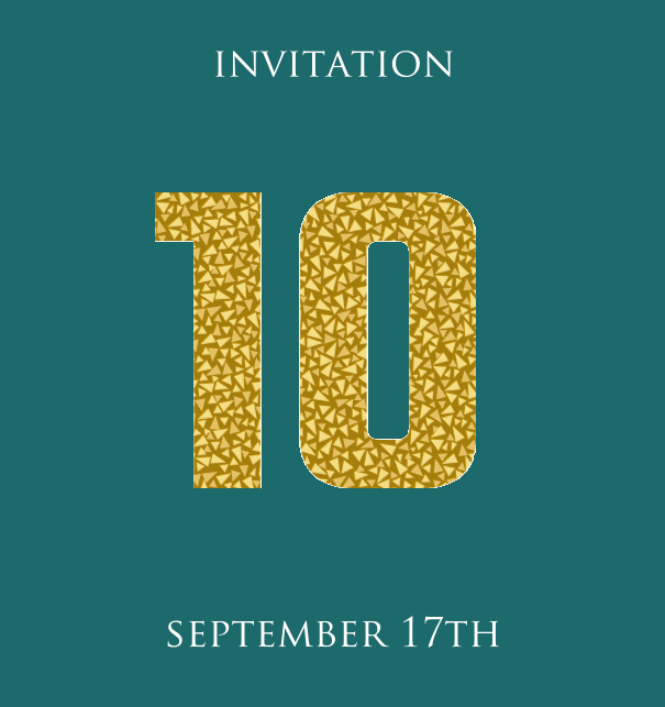 10th Anniversary online invitation card with animated number 10 in golden mosaic stones Green.