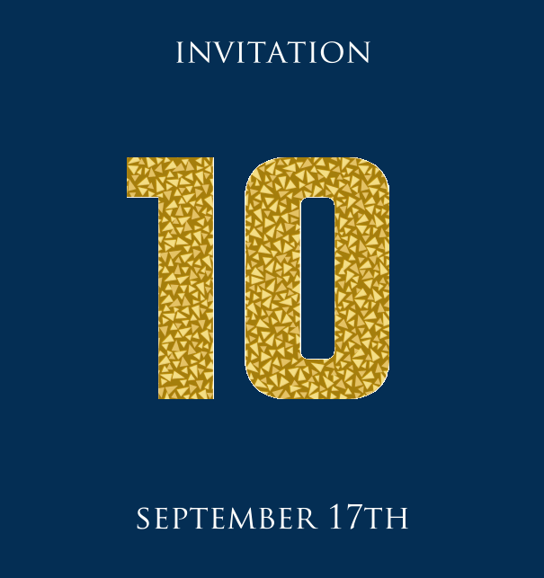 10th Anniversary online invitation card with animated number 10 in golden mosaic stones Navy.