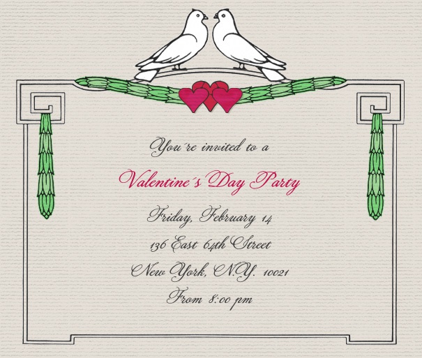 Beige Online Valentins Einladungskarte und Liebesbrief gestaltet mit zwei weißen Tauben und Herzen oben mittig und editierbarem Textfeld.