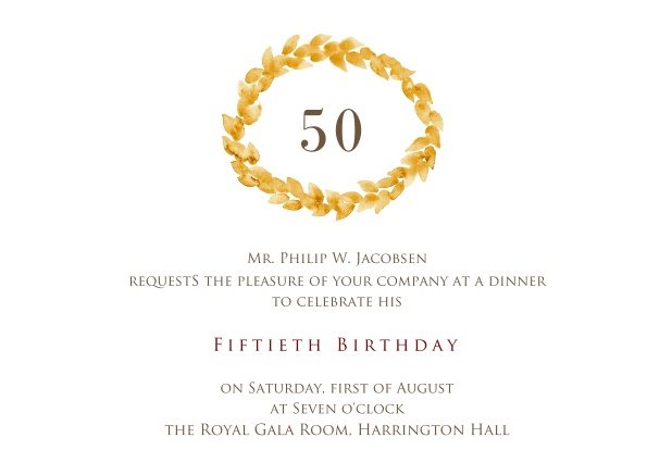 Online invitation with golden wreath on top for 50th birthday.