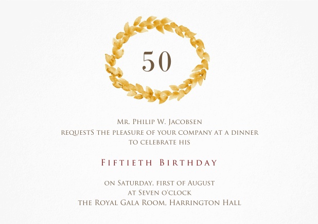 Invitation with golden wreath on top for 50th birthday.