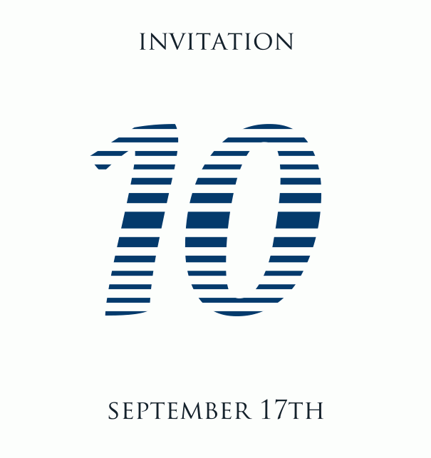 10th Anniversary online invitation card with animated number 10 in italic lettering and cool blue color. White.