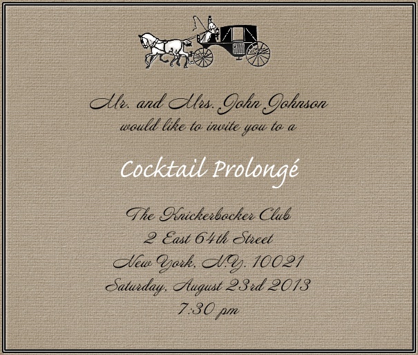 Brown, classic Wedding or Cocktail Invitation Card with horse and Carriage.