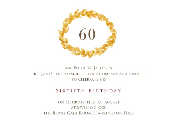 Online invitation with golden wreath on top for 60th birthday.