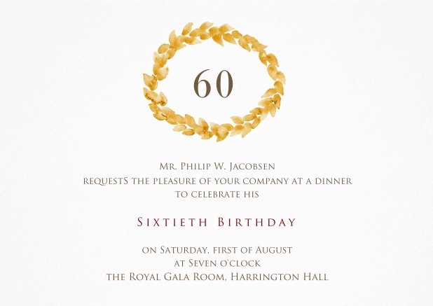 Invitation with golden wreath on top for 60th birthday.