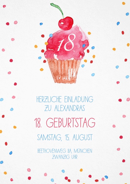 Einladung mit Cup Cake und Konfetti zum 18. Geburtstag.