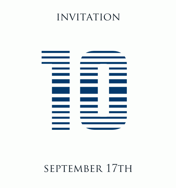 10th Anniversary online invitation card with animated number 10 in cool blue horizontal lines White.