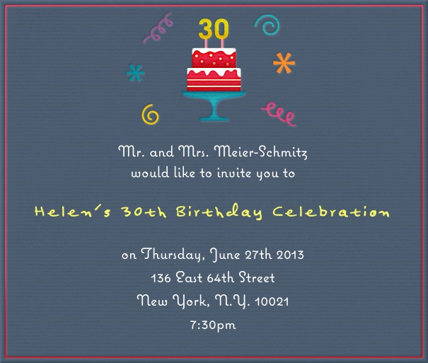 Square Dark Blue Birthday Invitation or Anniversary Invitation with Cake and streamers.