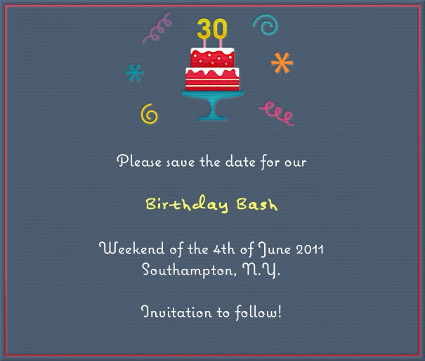 Grau Blau Geburtstag oder Jahrestag Save the date Karte in Querformat mit rotem Rand und Zahl dreißig auf Geburtstagkuchen mittig oben auf Karte und gestaltetem Text zum anpassen.