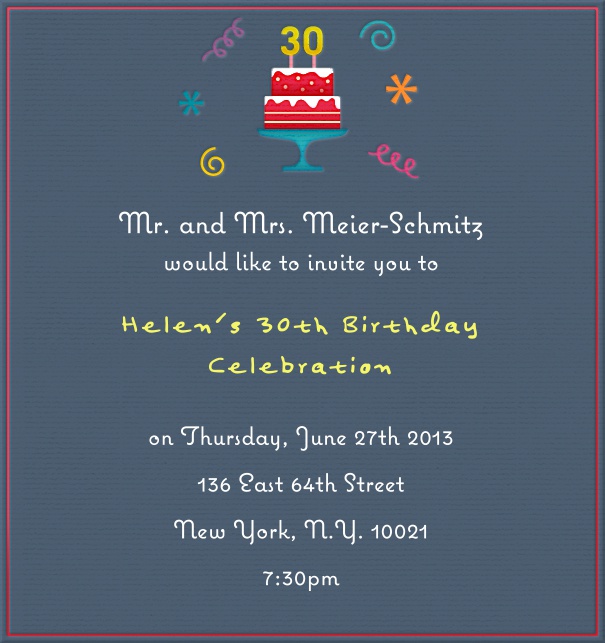 High Format Dark Blue Birthday Invitation or Anniversary Invitation with Cake and streamers.