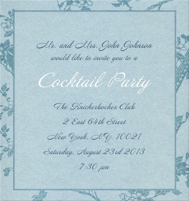 Blue, classic Party Invitation Card with floral background.