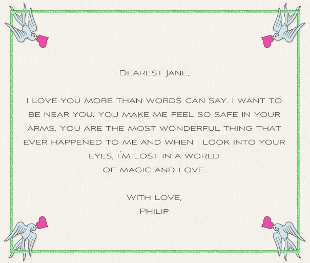 Online Liebesbrief mit Tauben in allen Ecken, die Herzen in ihren Schnäbeln tragen.