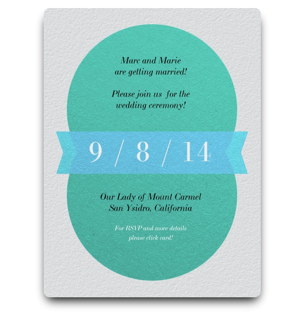 Simple design of white, blue and turquoise chic modern party invitation card with a date field.