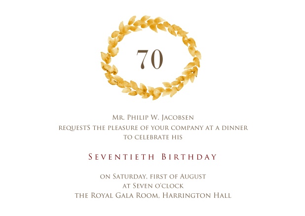 Online invitation with golden wreath on top for 70th birthday.