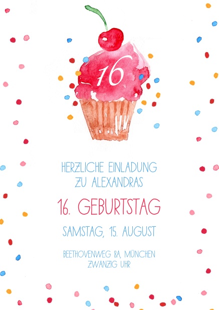 Online Einladung mit Cup Cake und Konfetti zum 16. Geburtstag.