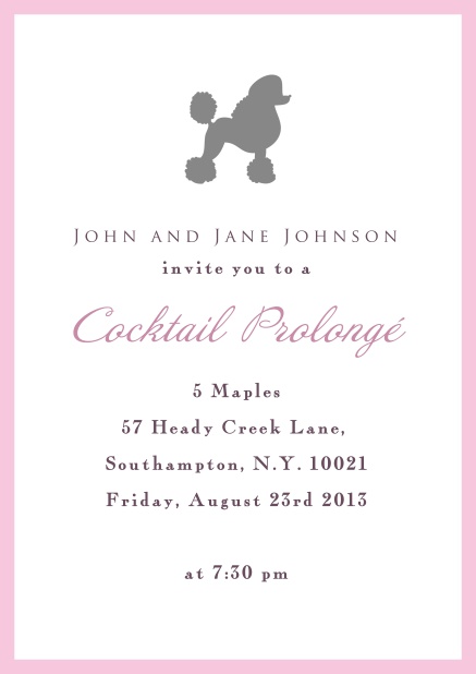 Online Einladungskarte mit rosa Rahmen und grauem Poodle für Essenseinladungen oder cocktails.